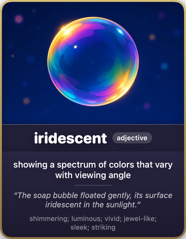 An illustrated WordLab word card introduces iridescent with a shimmering soap bubble, a definition, and an example sentence.
