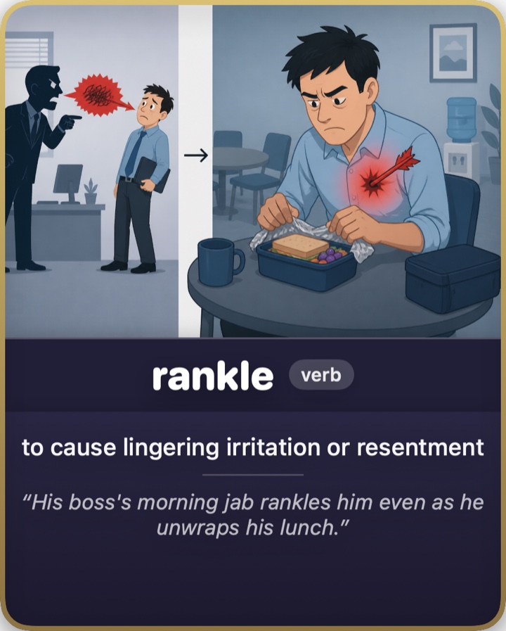 The WordLab word card for rankle: a boss snaps at an employee in the morning, and the remark still stings as he unwraps his lunch. Below are the definition and an example sentence.