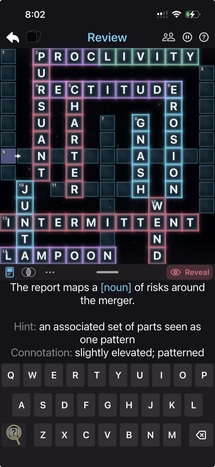 A real WordLab crossword: recall words from a sentence and meaning, then type them into the board.